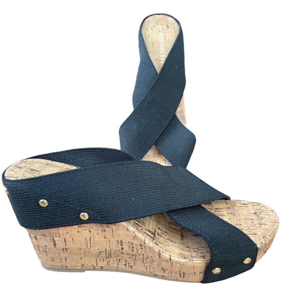 Montego Bay Club black elastic strap wedge sandals size 10